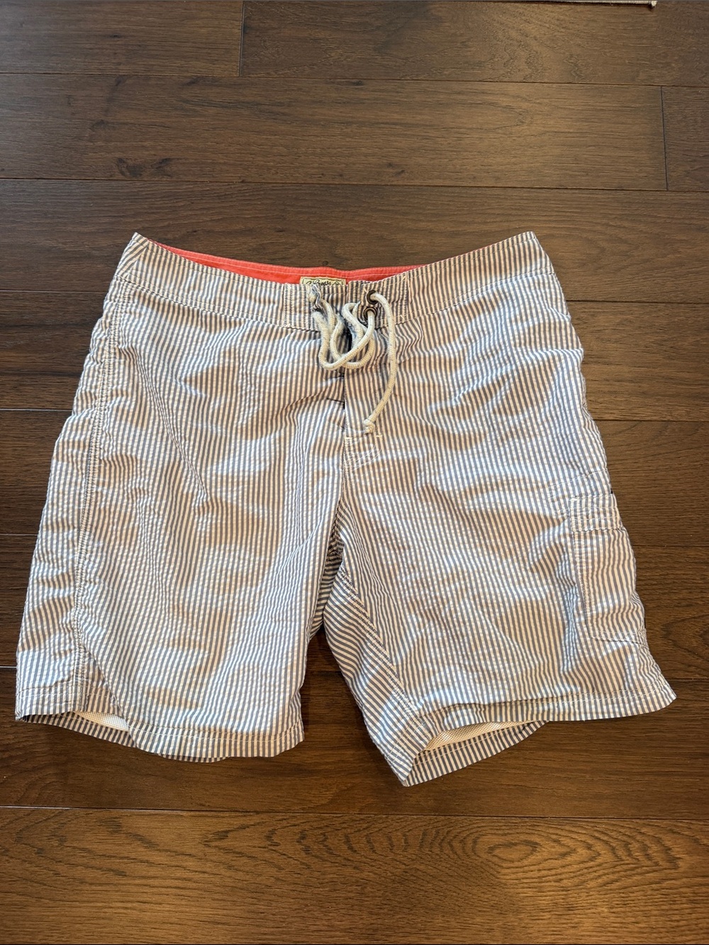 J. Crew Seersucker The Original Longboard Swim Trunks in White & Blue Size 34